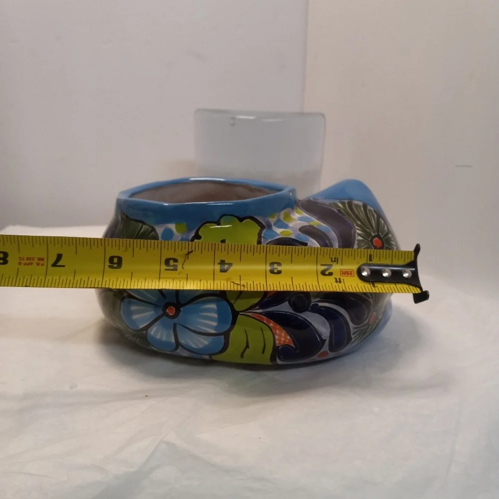 MENDEZ Planter Resting Curled Cat Figurine Ceramic Pottery Blue & Green